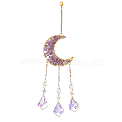 Hanging Moon Sun Catcher with Teardrop Glass Prisms for Windows, Natural Amethyst Decor for Home, 355mm(HJEW-PH01733-01)