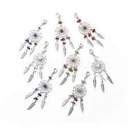 8Pcs Woven Net/Web with Feather Pendant Decoration, with Gemstone Beads, Lobster Clasp Charms, Clip-on Charms, for Keychain, Purse, Backpack Ornament, Stitch Marker, 107mm(HJEW-JM00769)