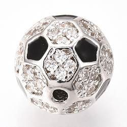 Brass Micro Pave Cubic Zirconia Beads, with Enamel, FootBall/Soccer Ball, Platinum, 9.5~10mm, Hole: 1.5mm(ZIRC-Q013-10mm-136P)