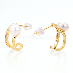 Natural Pearl Stud Earrings with Cubic Zirconia, Brass Arch Earrings with 925 Sterling Silver Pins, Cadmium Free & Nickel Free & Lead Free, Real 18K Gold Plated, 14x9mm, Pin: 0.8mm(PEAR-N017-06C)
