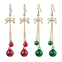 2Pairs 2 Colors Christmas Theme Brass Bell & Bowknot Dangle Earrings, Tassel Cable Chains Earrings for Women, Mixed Color, 69x13mm, 1pair/color(EJEW-JE05824)