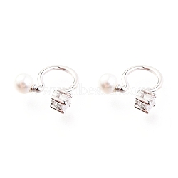 Anti-Tarnish Rhodium Plated 925 Sterling Silver Cuff Earrings, with Cubic Zirconia and Shell Pearl Round Beads, with S925 Stamp, White, Platinum, 11x12x4mm(EJEW-H124-04P)