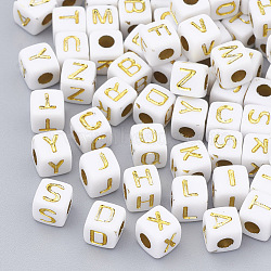 Plated Acrylic Beads, Metal Enlaced, Horizontal Hole, Cube with Alphabet, Golden Plated, 4.5x4.5x4.5mm, Hole: 3mm, about 500pcs/50g(X-SACR-N002-06A)