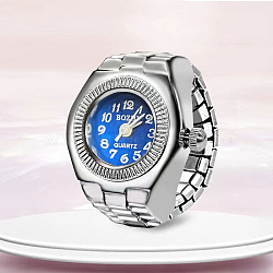 201 Stainless Steel Stretch Watchband Finger Ring Watches, Flat Round Quartz Watch for Unisex, Royal Blue, 15x18mm, Watch Head: 19x27mm, Watch Face: 11.5mm(WACH-G018-03P-04)