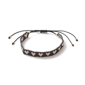 Handmade Japanese Seed Heart Braided Bead Bracelets, Adjustable Bracelet for Women, Black, Inner Diameter: 2-1/8~4-3/8 inch(5.5~11cm)