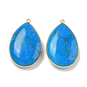 Dyed Natural Howlite Teardrop Pendants, Rack Plating Brass Drop Charms, Long-Lasting Plated, Golden, Dodger Blue, 34~34.5x21~21.5x6.5~7mm, Hole: 1.3mm