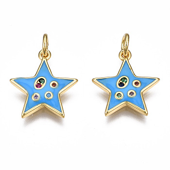 Brass Micro Pave Cubic Zirconia Enamel Charms, with Jump Rings, Nickel Free, Star, Real 16K Gold Plated, Dodger Blue, 15x13.5x2mm, Jump Ring: 5x0.8mm, 3mm inner diameter