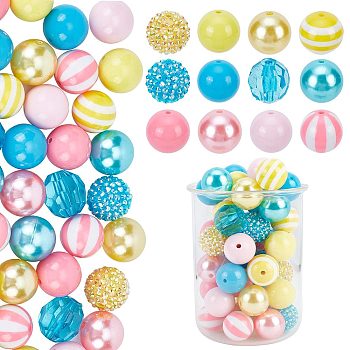 Elite 1 Set Resin Round Beads Set, Stripe Resin Beads & Resin Rhinestone Beads & Faceted Transparent Beads & Opaque Beads, Mixed Color, 19~20x18~20mm, Hole: 2~3mm, Hole: 2~3mm