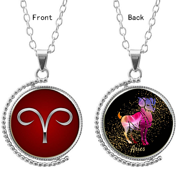 Double-sided Picture Glass Rotatable Pendant Necklaces, with Alloy Chains, Flat Round with Aries, Silver Color Plated, 18.5 inch(47cm)