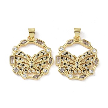 Rack Plating Brass Micro Pave Cubic Zirconia Pendants, Long-Lasting Plated, Lead Free & Cadmium Free, Real 18K Gold Plated, Butterfly, 23.5x22x2.5mm, Hole: 3.5x3mm