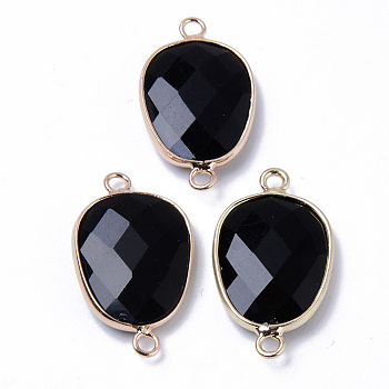 Natural Black Agate Links Connectors, with Light Gold Plated Edge Brass Loops, Oval, Faceted, 30.5~31.5x17.5x5~6mm, Hole: 2mm