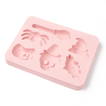 Halloween Food Grade Silicone Molds, Fondant Molds, for DIY Cake Decoration, Chocolate, Candy, Ice Hockey Mold, Bat, Skull, Torch, Jack-O-Lantern, Spider, Witch Hat, Pink, 204x154x22mm