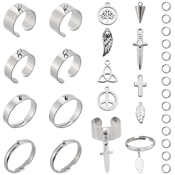 DIY Charm Finger Ring Making Kit, Including 304 Stainless Steel Loop Ring Bases & Jump Rings & Pendants, Cross & Sword & Cone & Peace Sign & Wing, Antique Silver & Stainless Steel Color, 36Pcs/box