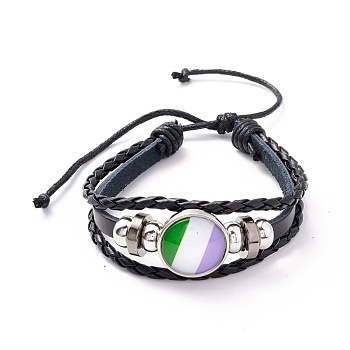 PU Leather Braided Cord Multi-strand Bracelet, Flat Round with Stripe Pattern Alloy Links and Beads Bracelet for Men Women, Platinum, Green, Inner Diameter: 2-1/4~ 3-1/4 inch(5.8~8.2cm)
