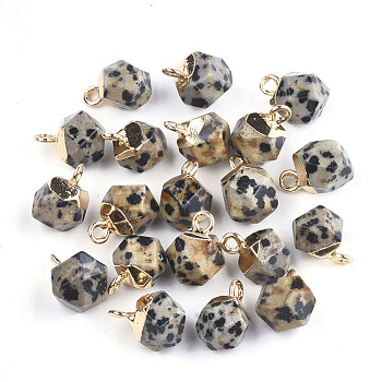 Electroplate Natural Dalmatian Jasper Star Cut Round Charms, with Iron Findings, Faceted, Golden, 11~12x8x8mm, Hole: 1.5mm