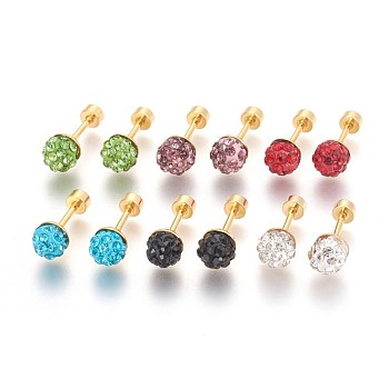 304 Stainless Steel Earlobe Plugs, Screw Back Earrings, with Polymer Clay Rhinestone, Golden, Mixed Color, 16.5mm, Round: 6.5mm, Pin: 1mm