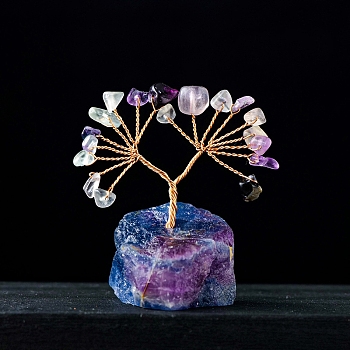 Natural Fluorite Chips Tree Decorations, Gemstone Base with Copper Wire Feng Shui Energy Stone Gift for Home Office Desktop Decoration, 5.5~7.5x3.5~5.5cm