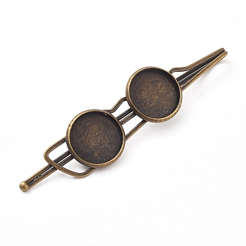 Iron Hair Bobby Pin Findings, with Flat Round Cabochon Settings, Antique Bronze, Tray: 14mm, 70.5x16x3.5mm