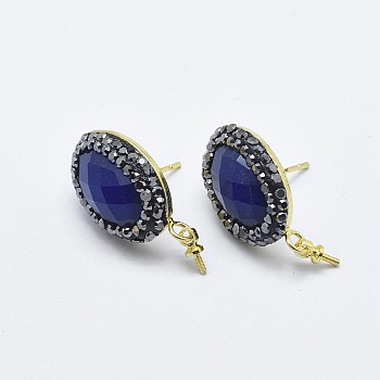 Natural Lapis Lazuli Stud Earring Findings, with Polymer Clay Rhinestone and Brass Findings, Oval, Golden, 18mm, Pin: 0.7mm