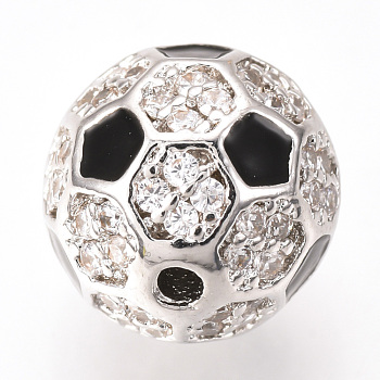 Brass Micro Pave Cubic Zirconia Beads, with Enamel, FootBall/Soccer Ball, Platinum, 9.5~10mm, Hole: 1.5mm