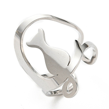 304 Stainless Steel Open Cuff Ring, Moon with Cat, Stainless Steel Color, Inner Diameter: 17mm
