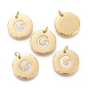 316 Surgical Stainless Steel Pendants, with Shell and Jump Rings, Flat Round with Alphabet, Golden, Letter.G, 15.5x2mm, Hole: 3.6mm