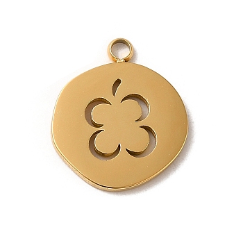 304 Stainless Steel Pendants, Flat Round with Flower Pattern Charm, Real 14K Gold Plated, 15x13x1mm, Hole: 1.6mm