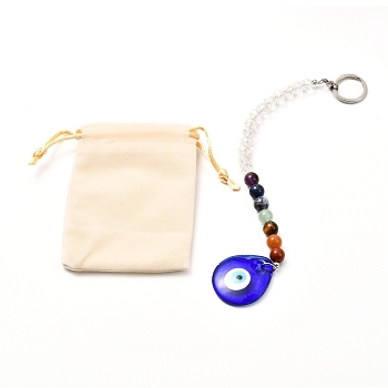 Natural Mixed stone with Evil Eye Lampwork Pendant, with 304 Stainless Steel Rings and Velvet Packing Bag, Teardrop, Mixed Color, 21.2cm