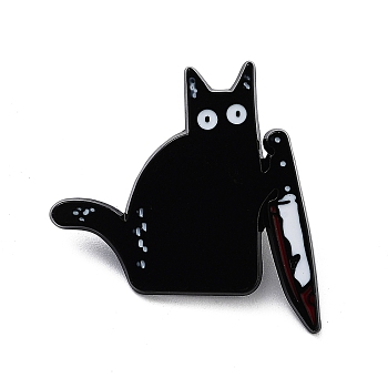 Halloween Killer Cat Aolly Brooches, Enamel Pins, Black, 30.5x30.5x2mm