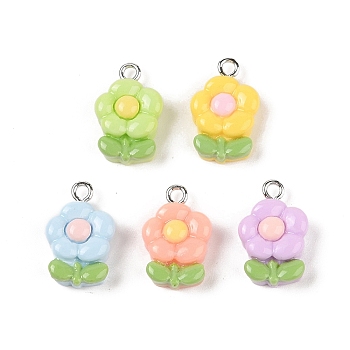 Opaque Resin Pendants, Macaron Color Charms with Platinum Plated Iron Loops, Mixed Color, Flower, 18x12x5.5mm, Hole: 2mm