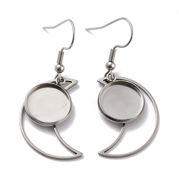 201 Stainless Steel Earring Hooks, with Moon Blank Pendant Trays, Flat Round Setting for Cabochon, Stainless Steel Color, 45mm, 22 Gauge, Pin: 0.6mm