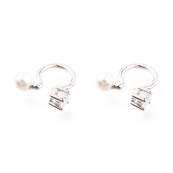 Anti-Tarnish Rhodium Plated 925 Sterling Silver Cuff Earrings, with Cubic Zirconia and Shell Pearl Round Beads, with S925 Stamp, White, Platinum, 11x12x4mm