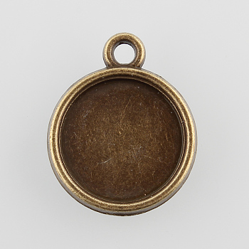 Vintage Flat Round Alloy Pendant Cabochon Settings, Double-sided Tray, Cadmium Free & Nickel Free & Lead Free, Antique Bronze, Tray: 12mm, 18x15x3mm, Hole: 1.5mm, about 769pcs/kg