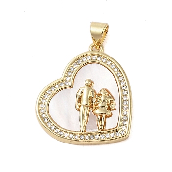 Brass Micro Pave Clear Cubic Zirconia Pendants, with Shell Charms, Mother's Day Collection, Real 18K Gold Plated, Heart, 24x21.5x3.5mm, Hole: 3.5x4mm