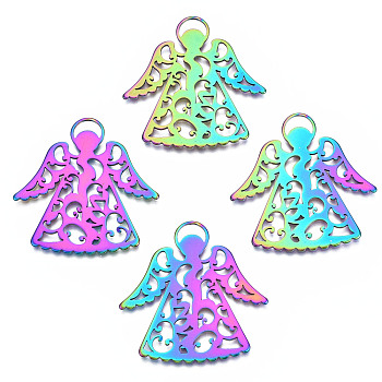 Ion Plating(IP) 201 Stainless Steel Pendants, Angel, Rainbow Color, 40x39x1mm, Hole: 3x6.5mm