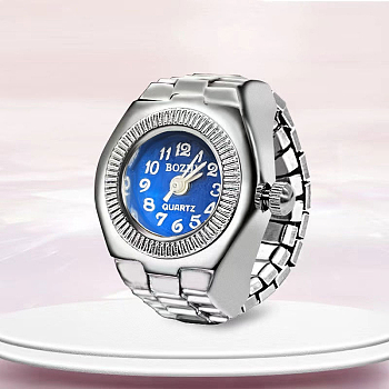 201 Stainless Steel Stretch Watchband Finger Ring Watches, Flat Round Quartz Watch for Unisex, Royal Blue, 15x18mm, Watch Head: 19x27mm, Watch Face: 11.5mm