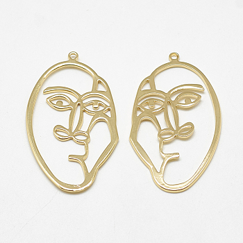 Brass Pendants, Face, Real 18K Gold Plated, 40.5x23x1mm, Hole: 1mm