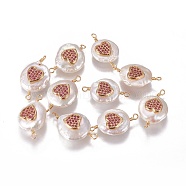 Natural Pearl Links connectors, with Cubic Zirconia and Brass Findings, Flat Round with Heart, Golden, Fuchsia, 22~25x13~15x7~10mm, Hole: 1.6mm(PEAR-I005-25C)