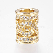 Brass Micro Pave Cubic Zirconia Beads, Column, Hollow, Real 18K Gold Plated, 11x8mm, Hole: 5mm(ZIRC-J018-31G)