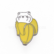 Rack Plating Alloy Enamel Brooches, Enamel Pins, with Brass Butterfly Clutches, Banana with Cat, Cadmium Free & Nickel Free & Lead Free, Gunmetal, Yellow, 28x17.5mm, Pin: 1mm(JEWB-S011-145-NR)