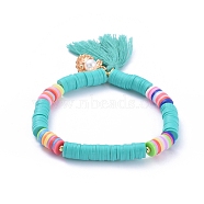 Handmade Polymer Clay Heishi Beads Stretch Bracelets, with Cotton Thread Tassel Pendants and Alloy Charms, Shell with Pearl Shape, Medium Turquoise, 2-1/8 inch(5.5cm)(BJEW-JB05088-05)