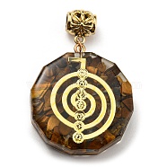 Natural Tiger Eye European Dangle Polygon Charms, Large Hole Pendant with Golden Plated Alloy Chakra Slice, 53mm, Hole: 5mm, Pendant: 39x35x11mm(PALLOY-K012-01B-03)