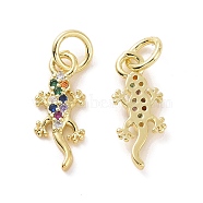 Brass Micro Pave Colorful Cubic Zirconia Charms, with Jump Ring, Gecko, Real 18K Gold Plated, 15x5x2mm, Hole: 3.2mm(KK-E068-VF117)