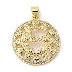 Mother's Day Theme Rack Plating Brass Micro Pave Cubic Zirconia Pendants, Long-Lasting Plated, Lead Free & Cadmium Free, Flat Round, 25x22x4.5mm, Hole: 5x3mm(KK-F869-20G-05)
