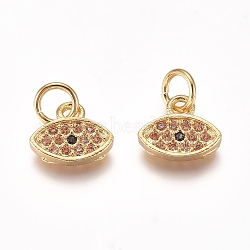 Brass Micro Pave Cubic Zirconia Charms, with Jump Rings, Horse Eye, PeachPuff & Clear, Golden, 7x8.5x2mm, Hole: 3mm(ZIRC-I038-02G)