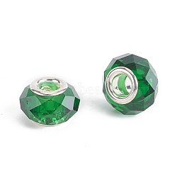 Faceted Glass European Beads, Large Hole Beads, with Silver Tone Brass Core, Rondelle, Green, 13.5~14x8.5~9mm, Hole: 5mm(GPDL-E004-01D)