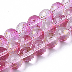 Transparent Spray Painted Glass Bead Strands, with Golden Foil, Round, Camellia, 8~9mm, Hole: 1.2~1.5mm, about 46~56pcs/Strand, 14.37 inch~16.3 inch(36.5~41.4cm)(GLAA-N035-03C-B04)