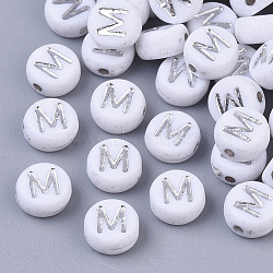 Plating Acrylic Beads, Silver Metal Enlaced, Horizontal Hole, Flat Round with Letter, White, Letter.M, 7x4mm, Hole: 1.2mm, about 3600pcs/500g.(PACR-R243-04M)