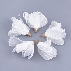 Polyester Big Pendants, with Iron Findings, Flower, Light Gold, White, 63~67x10mm, Hole: 1.5~2mm(FIND-T051-02)