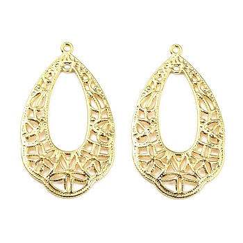 Brass 2-Loop Link Pendants, Teardrop with Flower, Filigree Finding, Real 18K Gold Plated, 33x18.5x1mm, Hole: 1mm